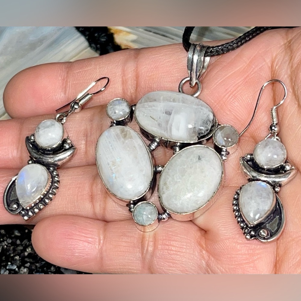 Multiple Rainbow Moonstone Pendant & Earrings Set